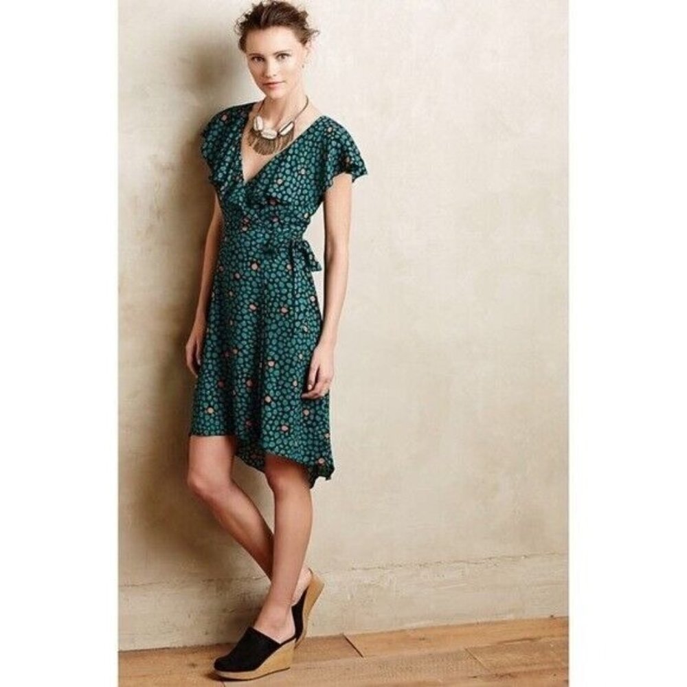 Anthropologie | HD in Paris Faux Ruffle Wrap Dress Green Floral V-Neck US 0